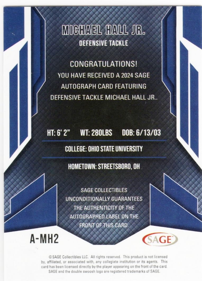 Michael Hall Jr Autographed High Series Authentic Signature Serial Numbered 1/100 Collectible Football Card - 2024 Sage Football Card #A-MH2