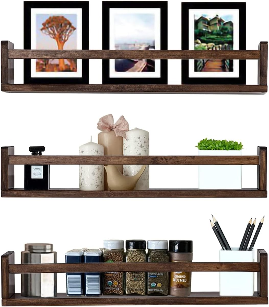 Floating Nursery Book Shelves for Wall, Wood Wall Bookshelves for Girls Boys Bedroom, 24in Wall Mounted Nursery Shelves for Books Set of 3, Stuffed Animals, Toys, Study Room, Bathroom (Deep Walnut)