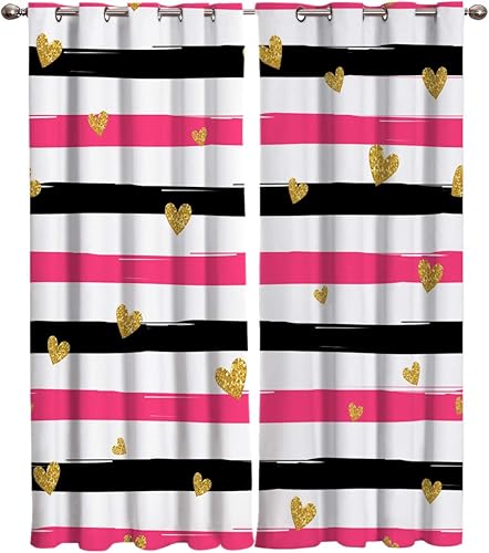 Miniatura 1 de Blackout Curtains Thermal Insulated Pink Black White Stripes Gold Heart Shape Solid Pattern Metal Grommet Elegant Room Drapes Window Curtain for