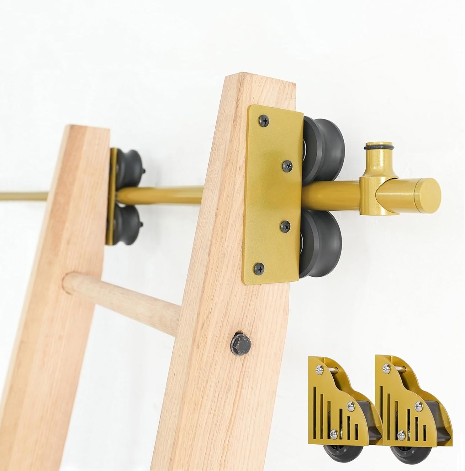 DIYHD 8FT Sliding Library Hardware Rolling Full Set Track Kit(No Ladder), Floor Roller with Brake,Golden Surface 8ft Full Set Kit(no Ladder)