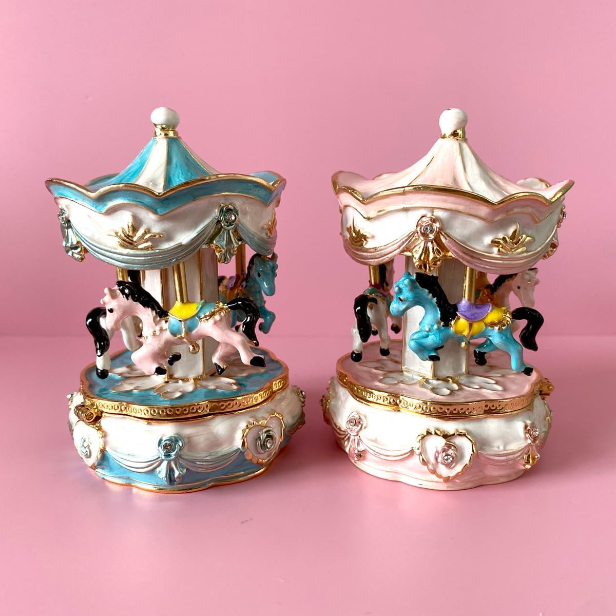 Wrapped Metal Jewelry Trinket Box Carousel Horse Unicorn Figurine for Anniversary Birthday Gift (pink)