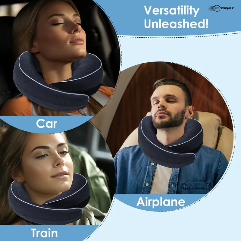 Image of Neodrift 'TravelNeck 360' (Set of 1) | (Color - Black) Travel Neck Pillow with Memory Foam Head Support for Airplane, Car, Train, Bus, and Home Use Ultimate Comfort Velvet Cushion Travel Pillow