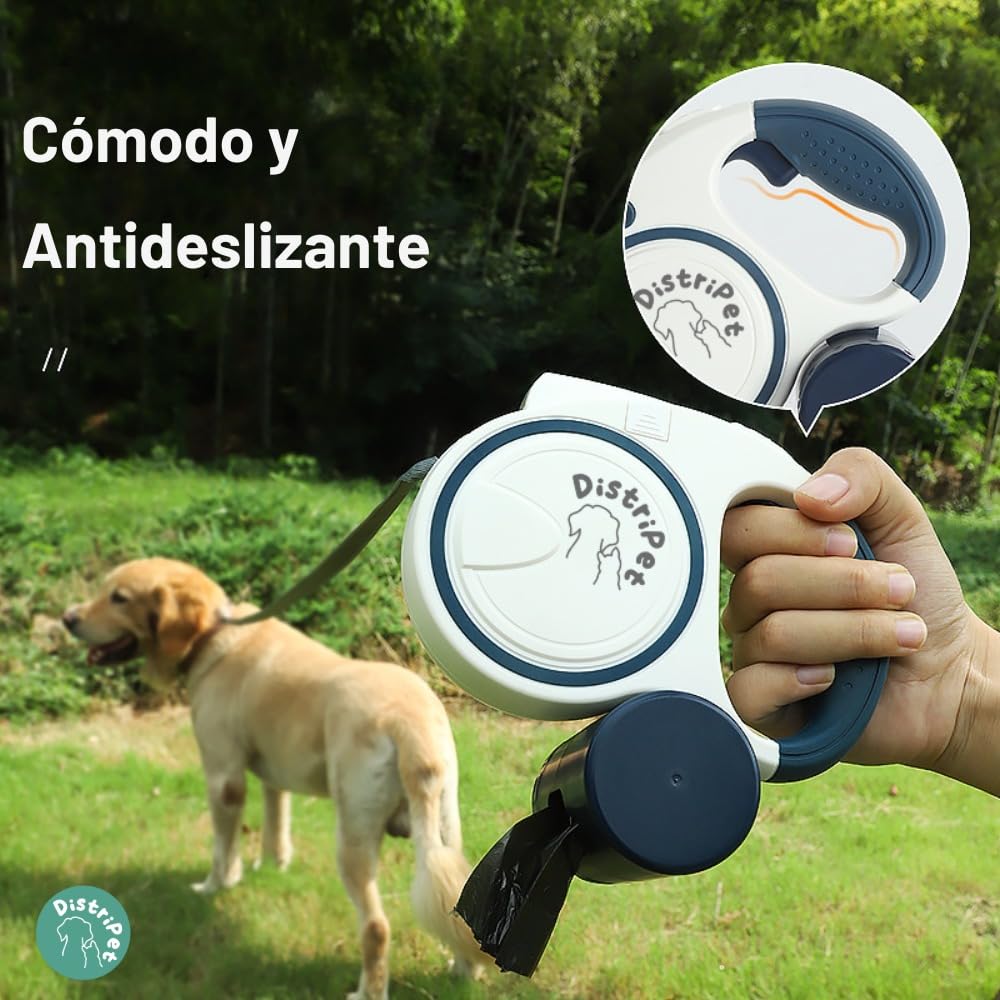 Guinzaglio per cani estensibile, cinghia retrattile e arrotolabile 5 m per cani di piccola e media taglia. Include dispenser di sacchetti e luce LED con 3 batterie. Peso massimo consigliato