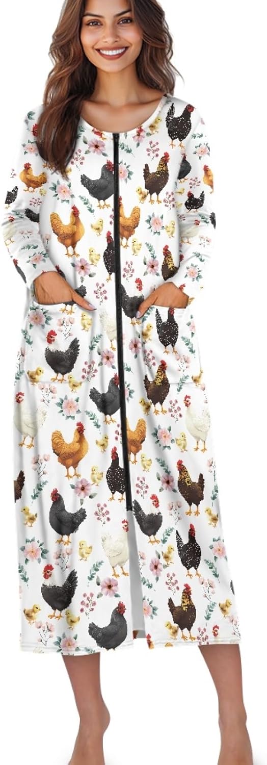 Womens House Coat Zip Up Robes for Women Full Length Nightgown Soft Housecoat with Pockets Long Sleeve Nighties