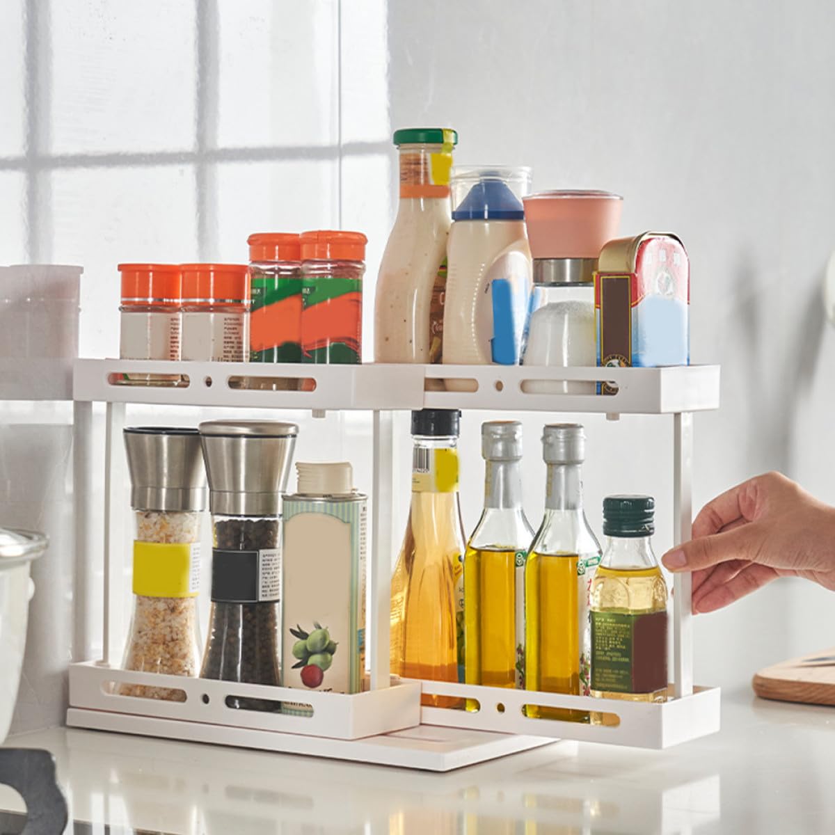 Organizador de Cocina Extraíble de 2 Niveles Blanco, Soporte Deslizante para Especias y Cosméticos, Estante Alto Multifuncional para Encimera y Almacenamiento bajo Fregadero,