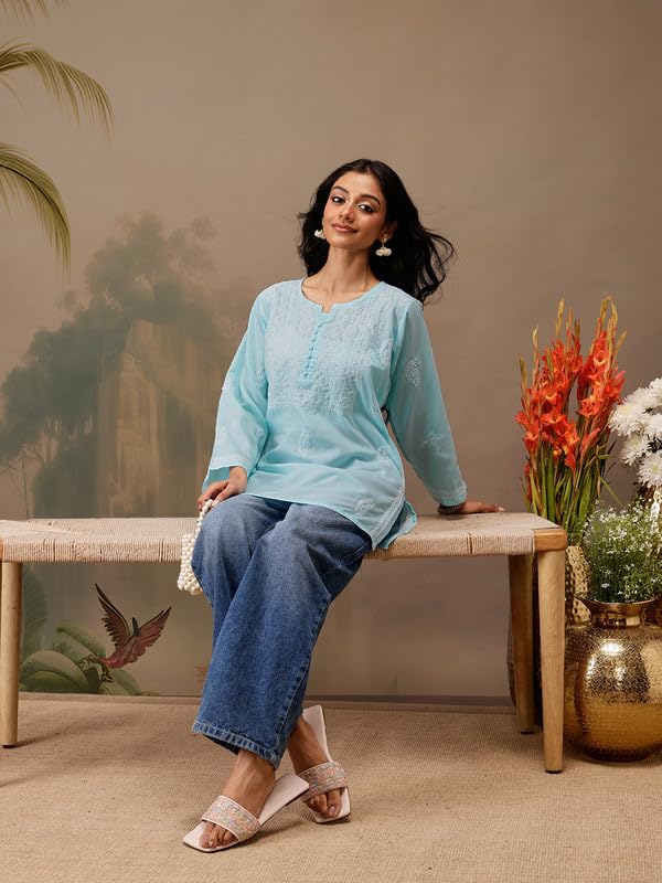 Image of Ada Hand Embroidered Lucknowi Chikankari Cotton Top for Women A911459