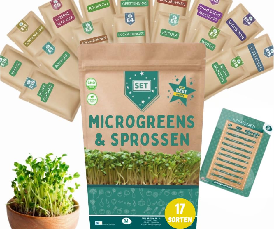 ARPON Premium Keimsamen Set - Microgreens & Sprossen - Bio Qualität - Easy Anzucht im Glas oder Schale - 17 Sorten - ca.