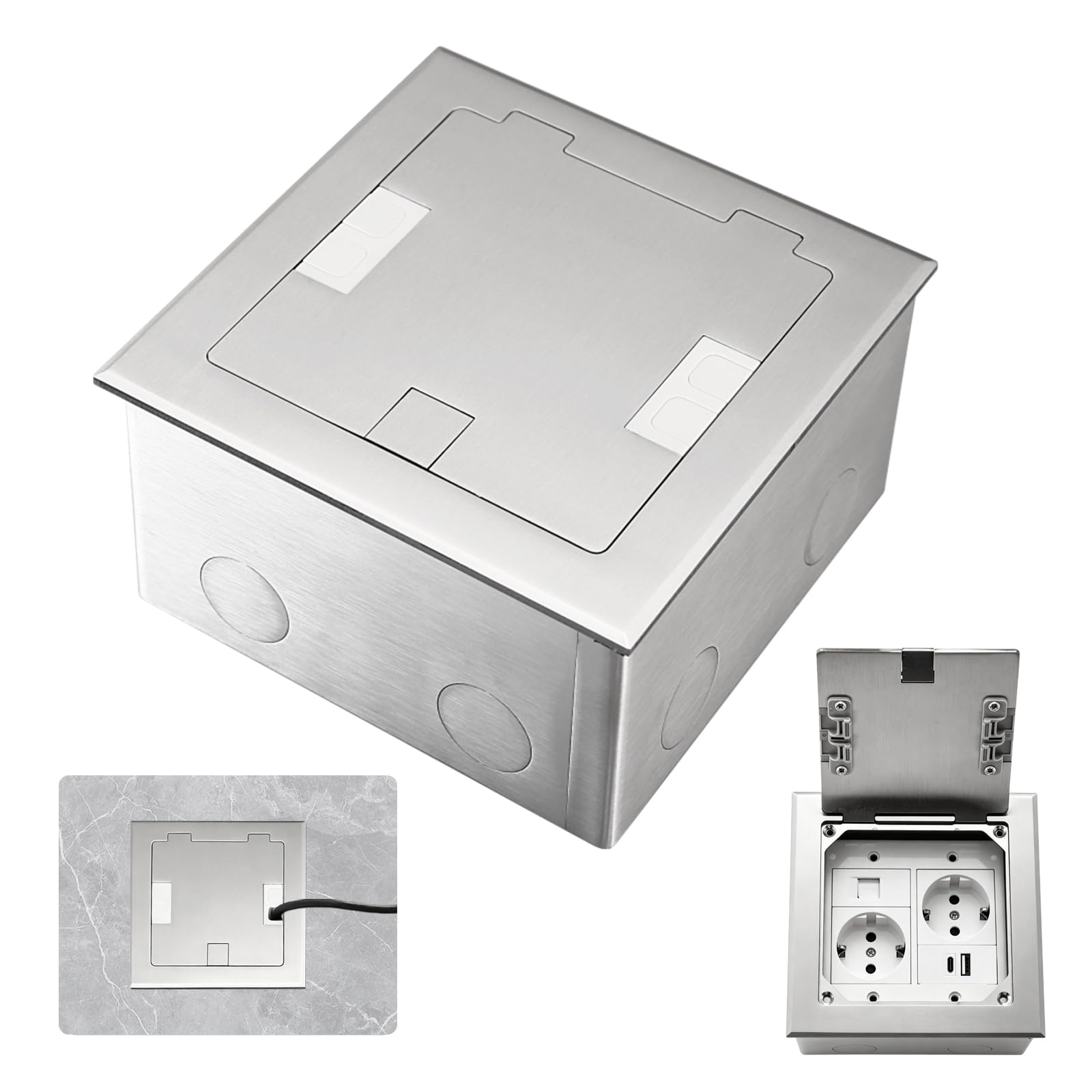 Gniazdo podłogowe do zabudowy, czarne, ze stali nierdzewnej, wodoszczelne, 2 AC + 1 USB + 1 RJ45, wpuszczane gniazdko podłogowe