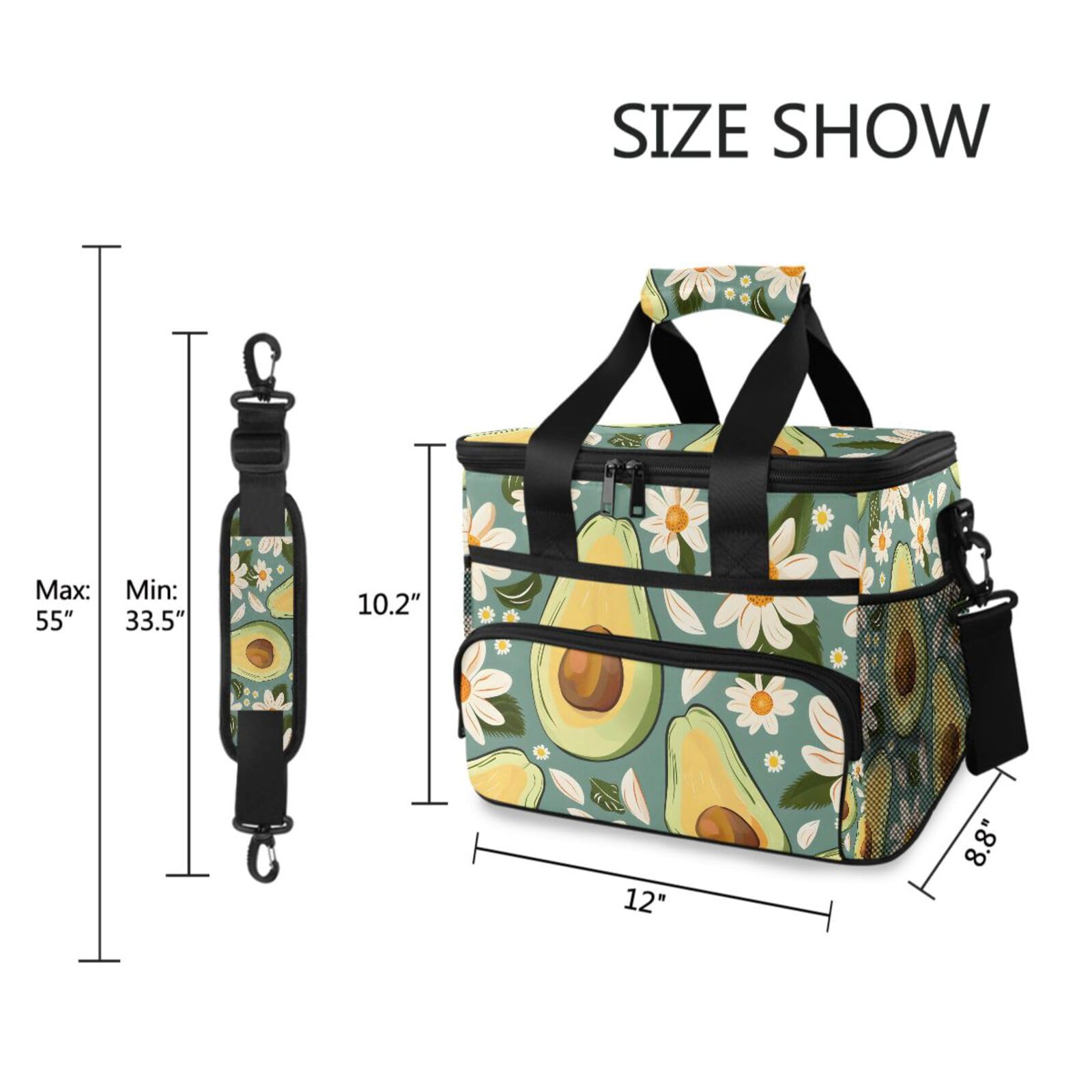 Grüne Avocado-weiße Gänseblümchen-Kühltasche, groß, isolierte Lunchtaschen, Picknick-Kühltasche, 15 l, 24 Dosen, wasserdichte Thermotasche für Erwachsene, Männer, Frauen