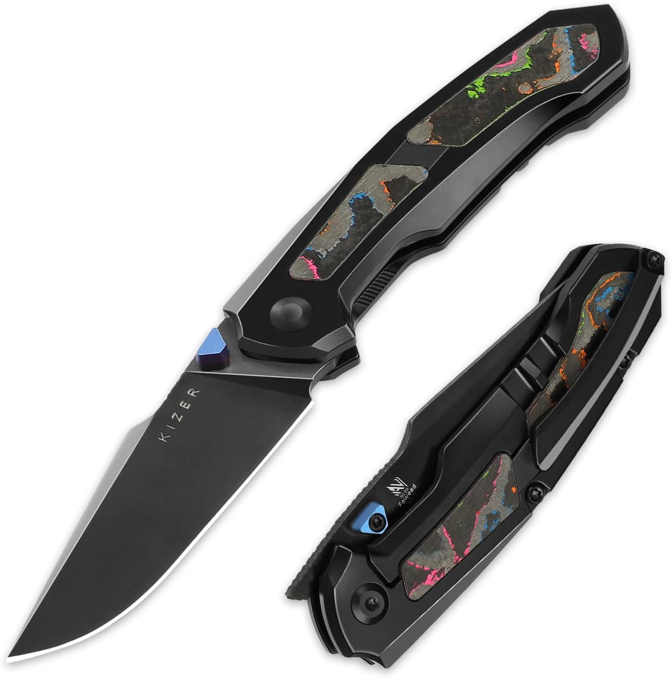 Kizer Feweed Pocket Knife, 2.98" S45VN Clip Point Blade Folding Knife with Titanium Handle with CamoCarbon 80s Inlay, Front Flipper & Thumb Stud Opener EDC Knives for Camping Hiking KI3694A3