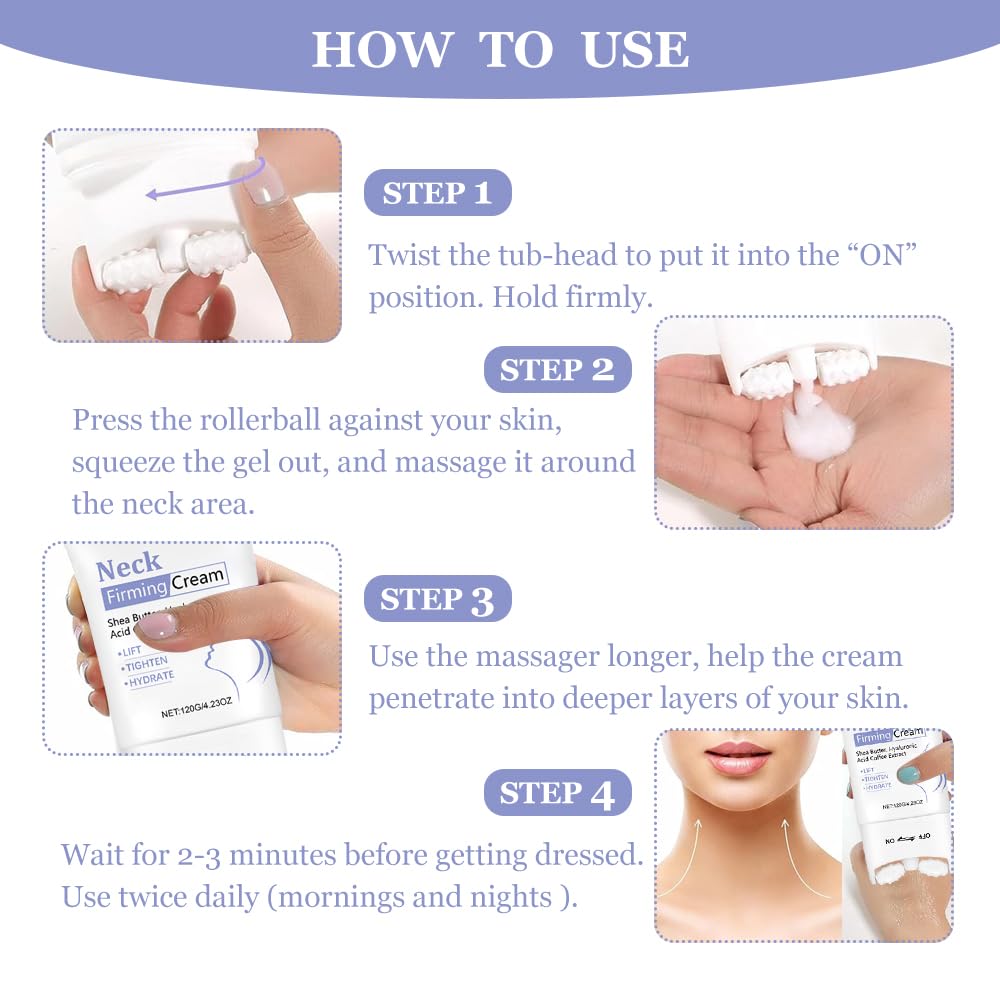 Fengyang® Neck Firming Cream,Neck Collagen Cream with Massage Roller, Tightens, Lifts & Smooths Wrinkles for Loose Skin - Image 4