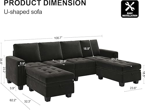 Miniatura 2 de Belffin Sofá seccional en forma de U de terciopelo con almacenamiento otomano convertibel sofá seccional con tumbonas reversibles, color gris