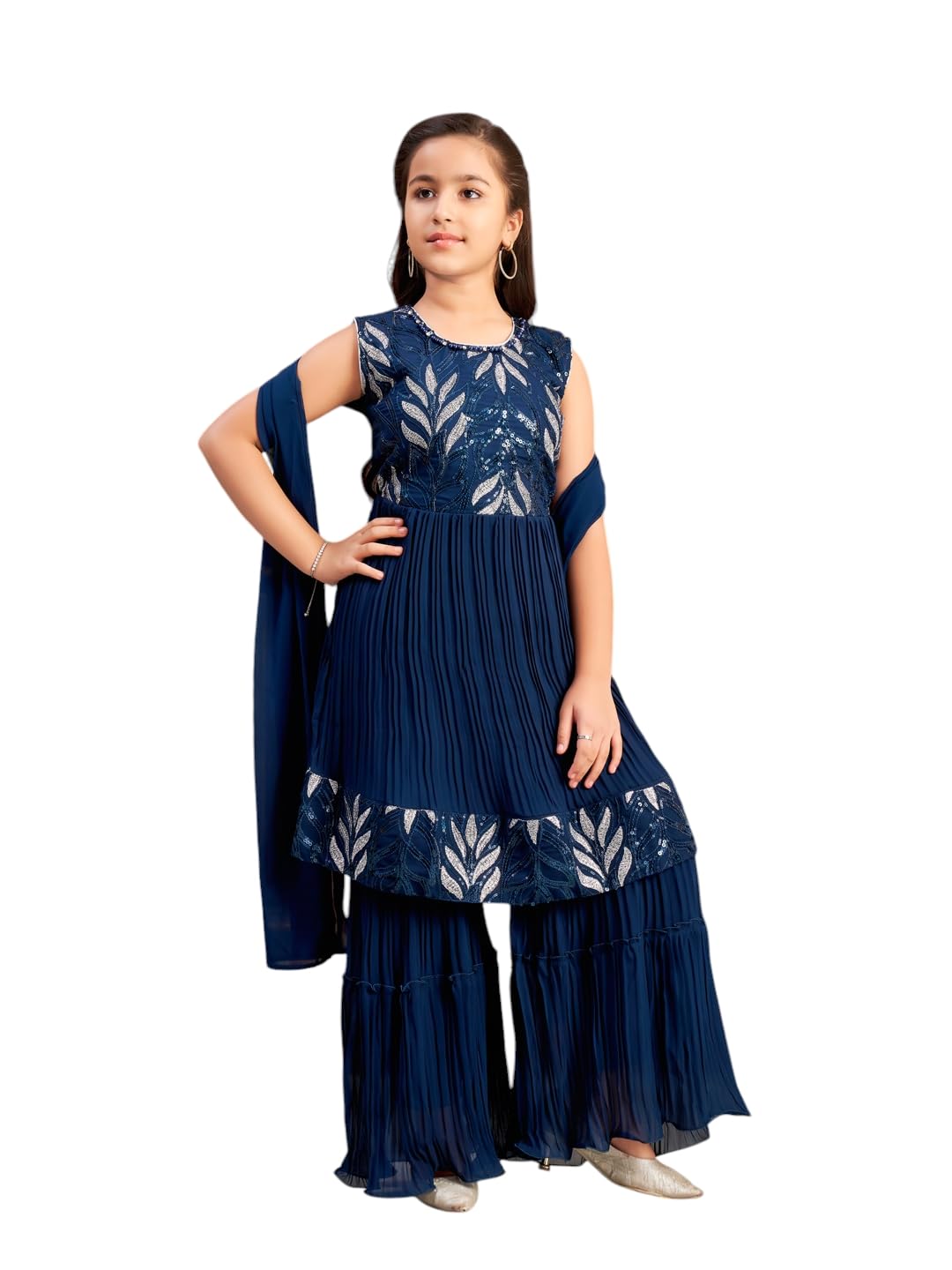 Aarika Girls Ethnic Wear Teal Blue Colour Sequin Thread Embroidery Georgette Kurti Sharara Set (4-15 Years)