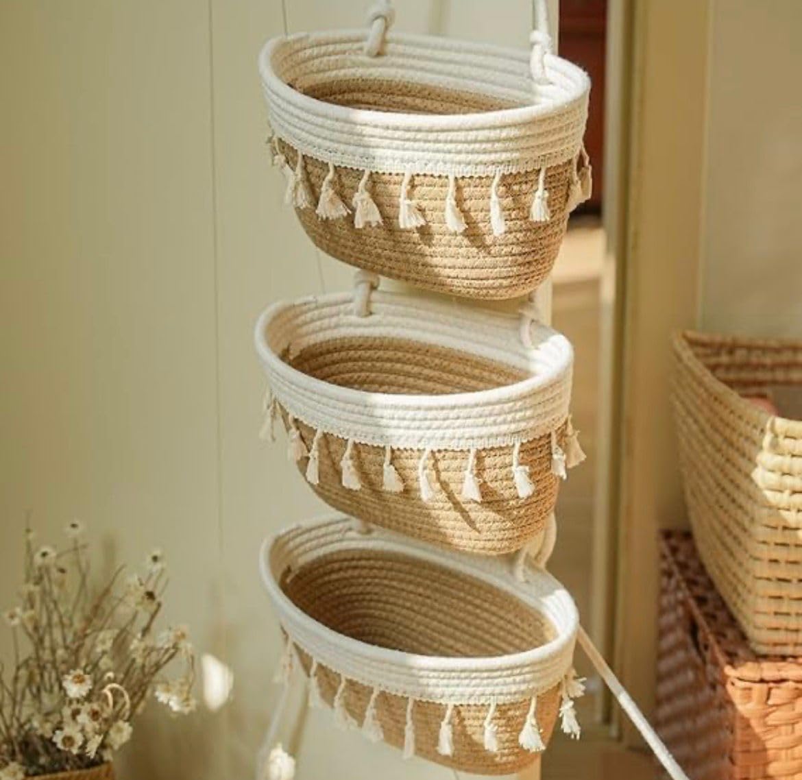 Aqsani Jute Craft Hanging Storage Baskets with Tassels, 3-Tier Cotton Rope Organizer, Beige and White, Wall Mounted-image-16