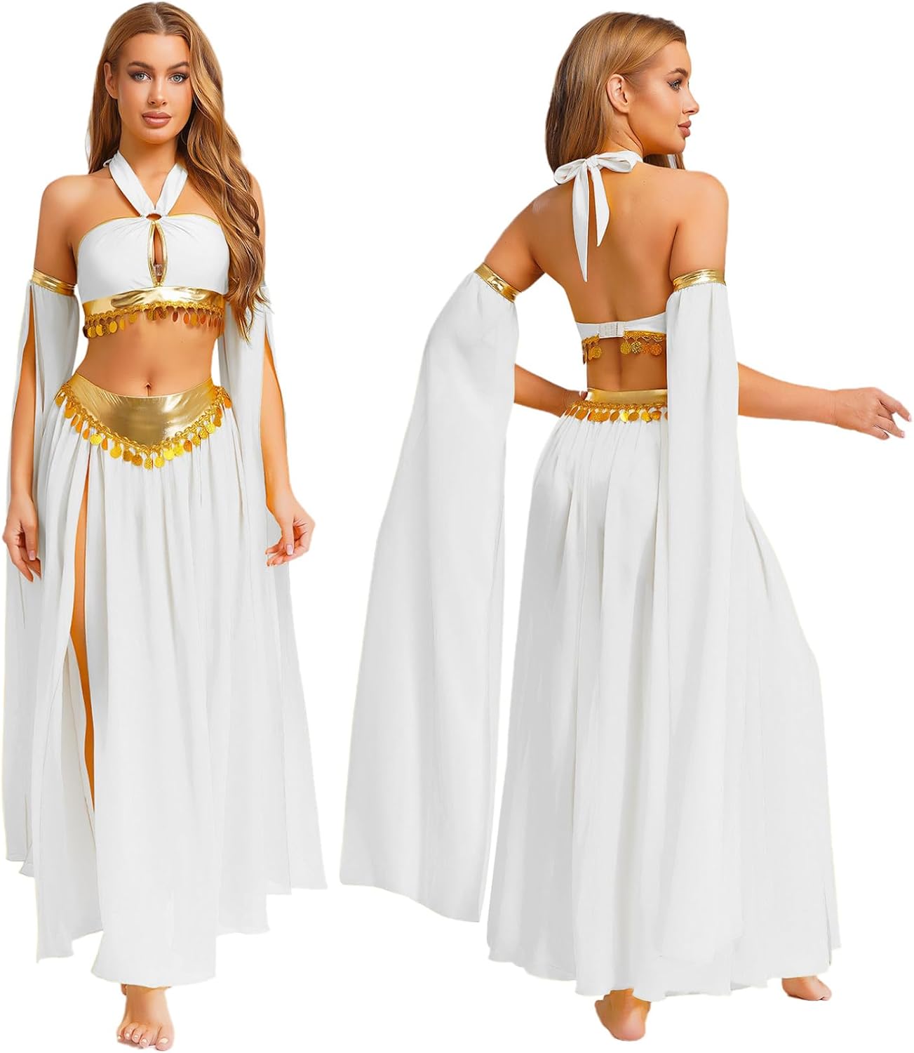 JEATHA Women's Belly Dance Dress Crop Sequin Top Slit Chiffon Skirt with Split Sleeves for Stage Performance White Large