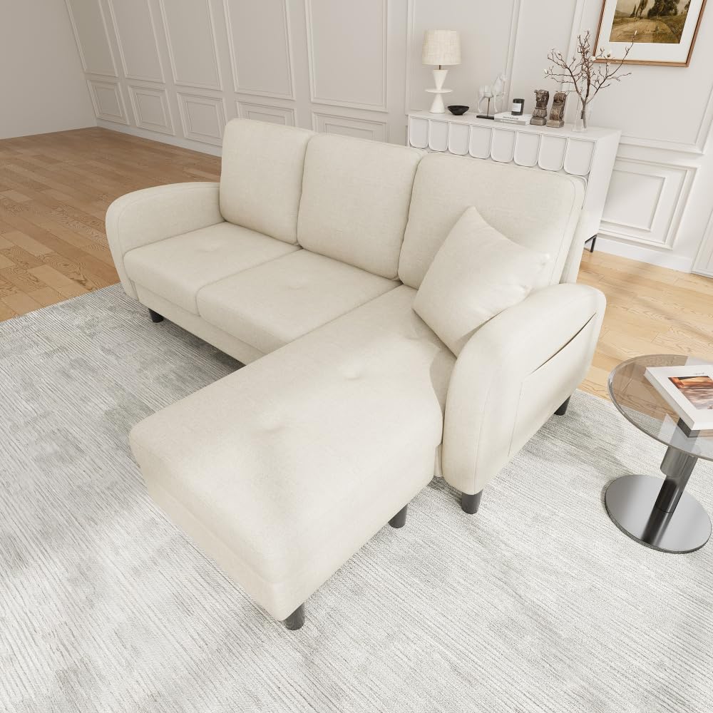 Sofá esquinero en forma de L con chaise longue, sofá de 3 plazas, 166 x 118 x 77 cm, tela transpirable de algodón y lino, patas de plástico, diseño modular, ideal para salas de estar (Beige