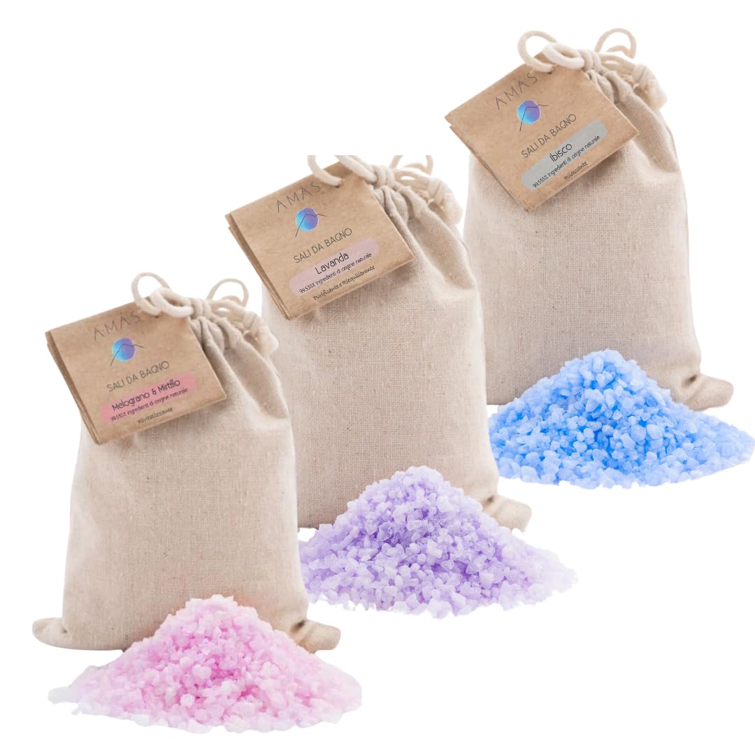 Sales de Baño AMAS - Idea de Regalo - 3 fragancias - 350g (10 usos) x3 - Lavanda Purificante y Calmante + Hibisco Relajante + Granada y Arándano Revitalizante - 100% NATURAL - VEGANO