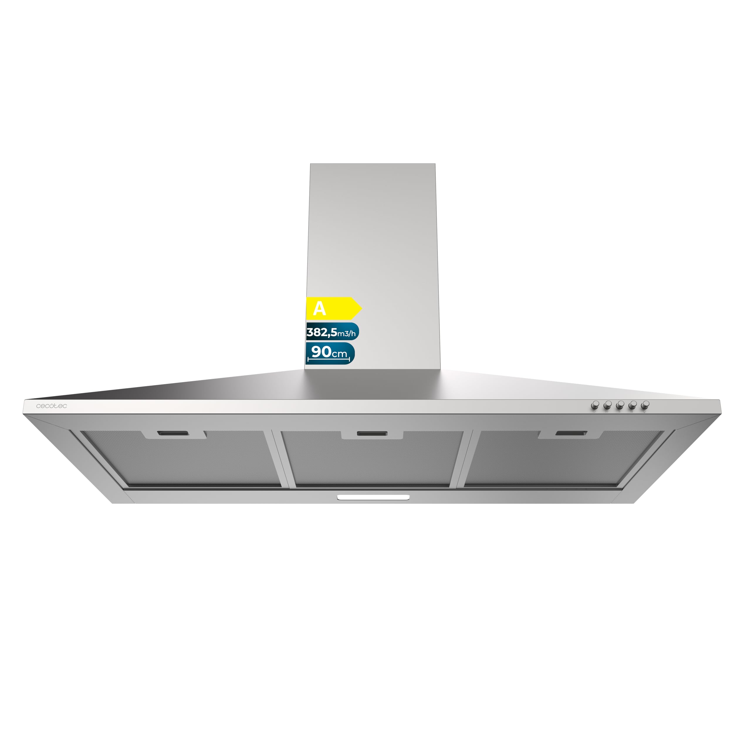 Cecotec Bolero Flux PM 904000 Stainless Steel Extractor Hood 90 cm 382.5 m³/h Suction, 3 Speeds, Carbon Filters Included, Class A, BLDC Motor and LED Light - 1