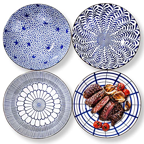 Japanische Speiseteller, 4 Stück, 20,3 cm, weiße und blaue Keramikteller, Pasta, Dessert, Salat, Vorspeisen, Teller Cover
