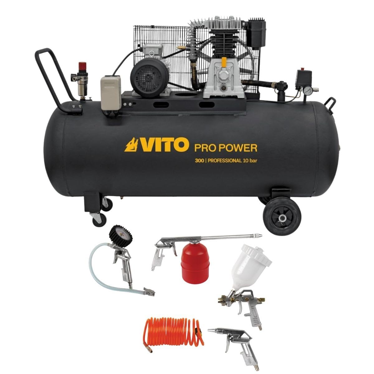 VITO - Compressore d'aria 300 l 10 bar 4 kW 500 l/min + 5 utensili pneumatici Kit completo gonfiaggio soffiaggio vernice garage officina