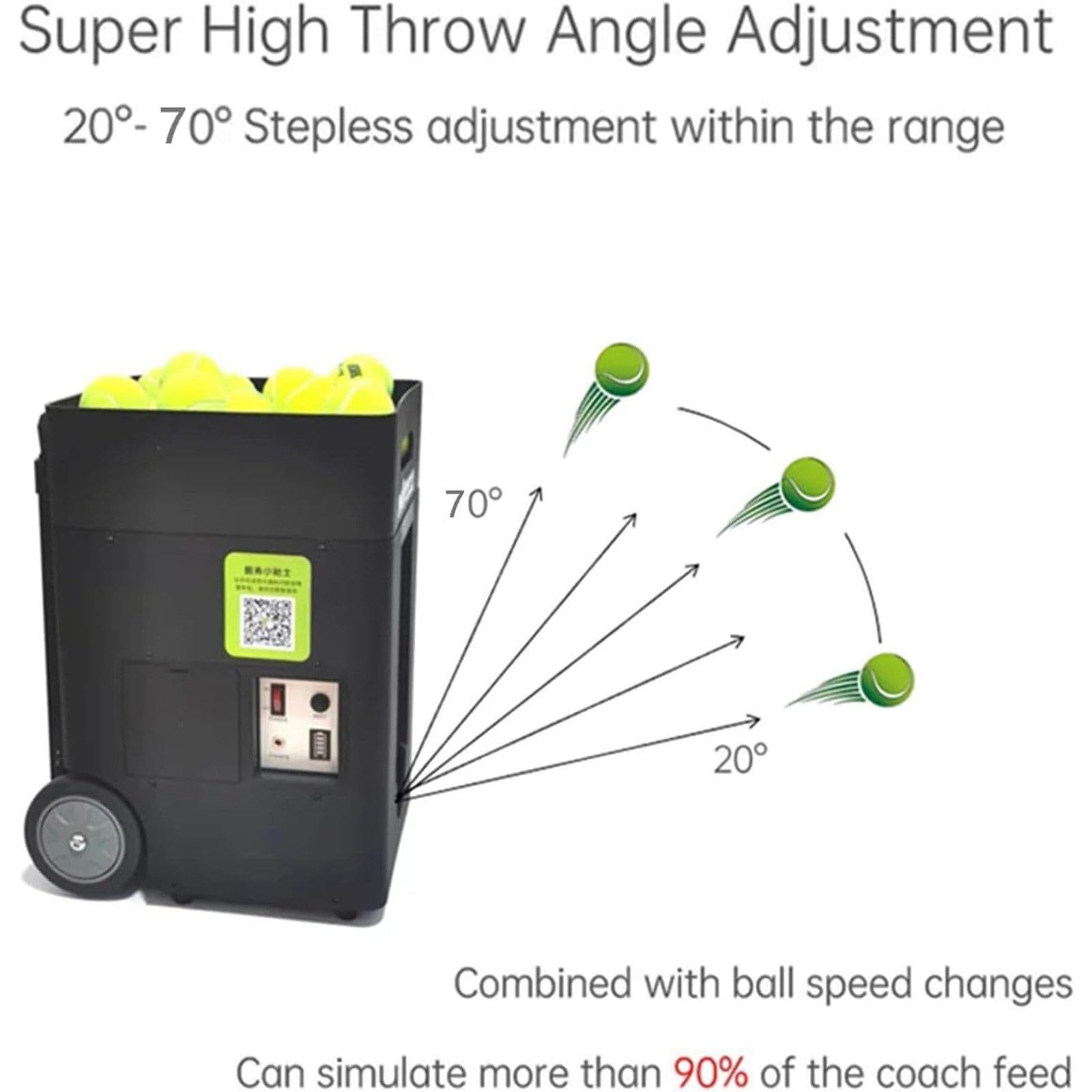 Lanzador de pelotas de tenis portátil, rotación de velocidad de ángulo ajustable, capacidad de 50 pelotas, ideal para principiantes