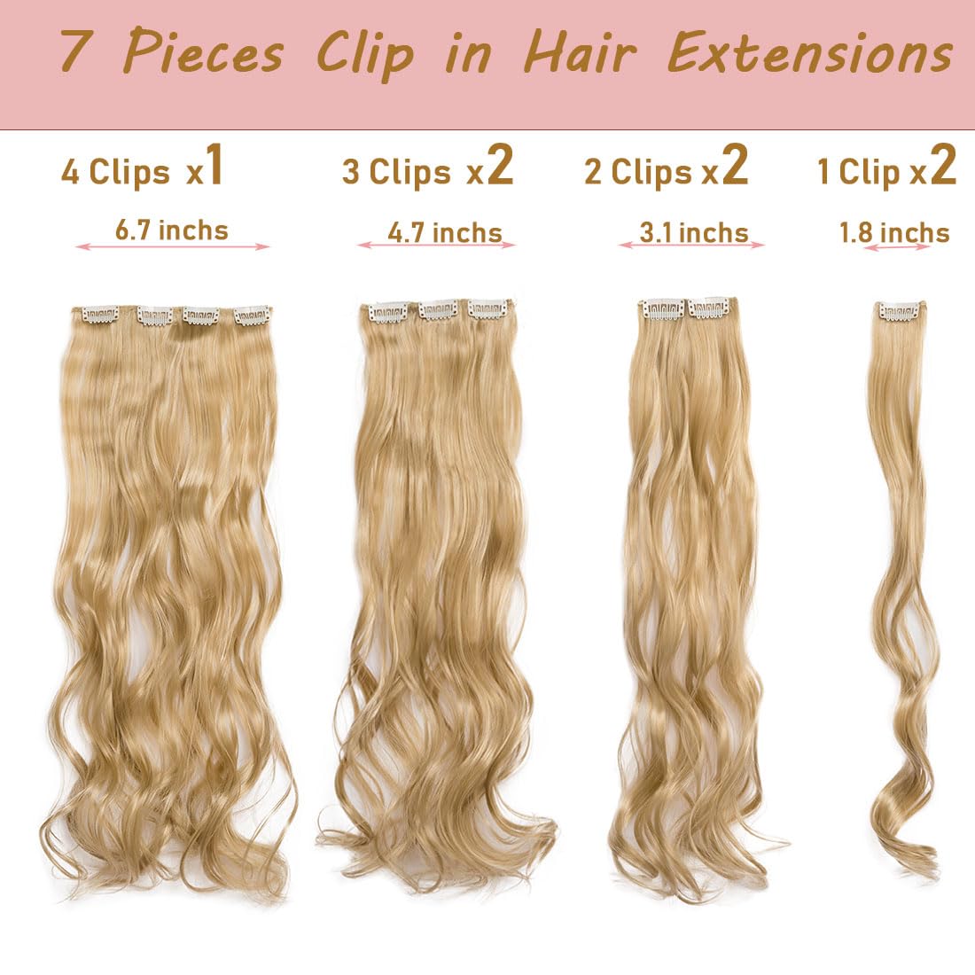 Swy Hair Clip in Hair Extensions Body Wave 22 inches 7Pcs 150g Straight Hair Synthetic Hair Extensions (W-Golden Blonde, Wavy) - Image 3