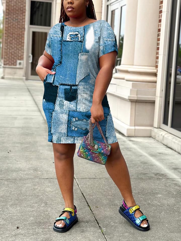 Image of PINSV Women Plus Size Summer Casual T Shirt Dresses Short Sleeve Tunic Dress with Pockets