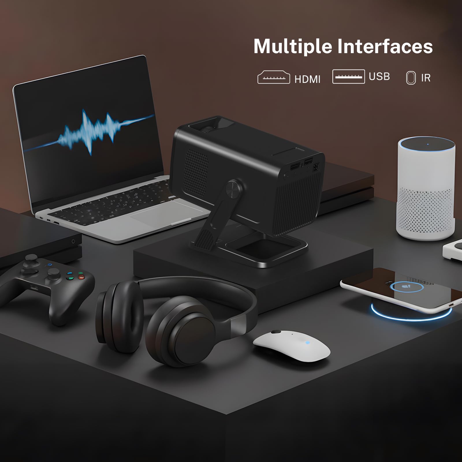 Mini Beamer mit Android 14, Klein Smart Projektor Native 720P (4K Dekodierung), WiFi 6 & Bluetooth 5.4, Auto-Keystone, Portable TV Projector Kompatibel mit iOS/HDMI/USB/iPhone, schwarz
