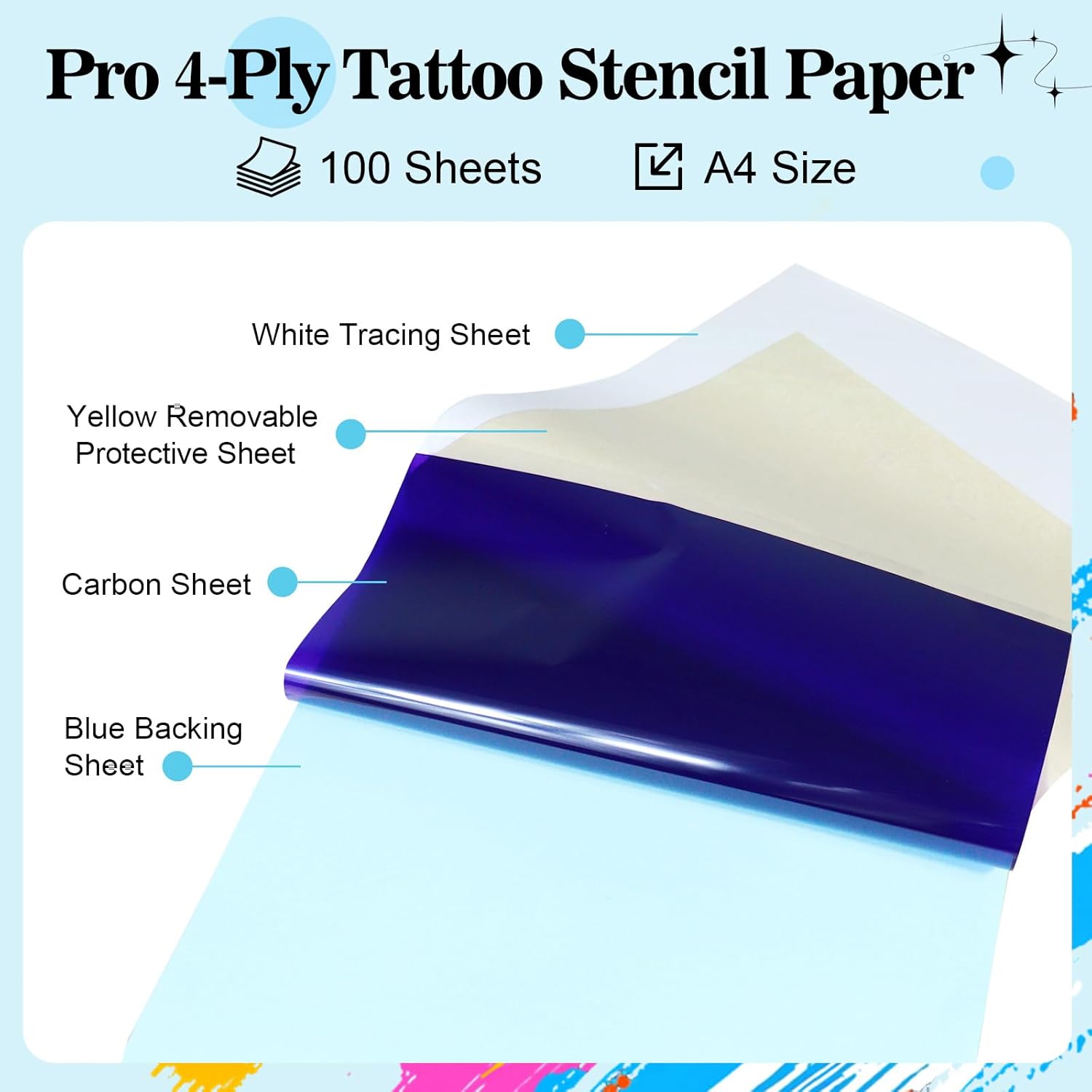 100 Pcs Tattoo Transfer Paper, Professional Level A4 Thermal Stencil Transfer Paper for Tattooing, Cuttable Size for Thermal Copier & Freehand, Sharp Detail Transfer for Professional Tattoo Artists