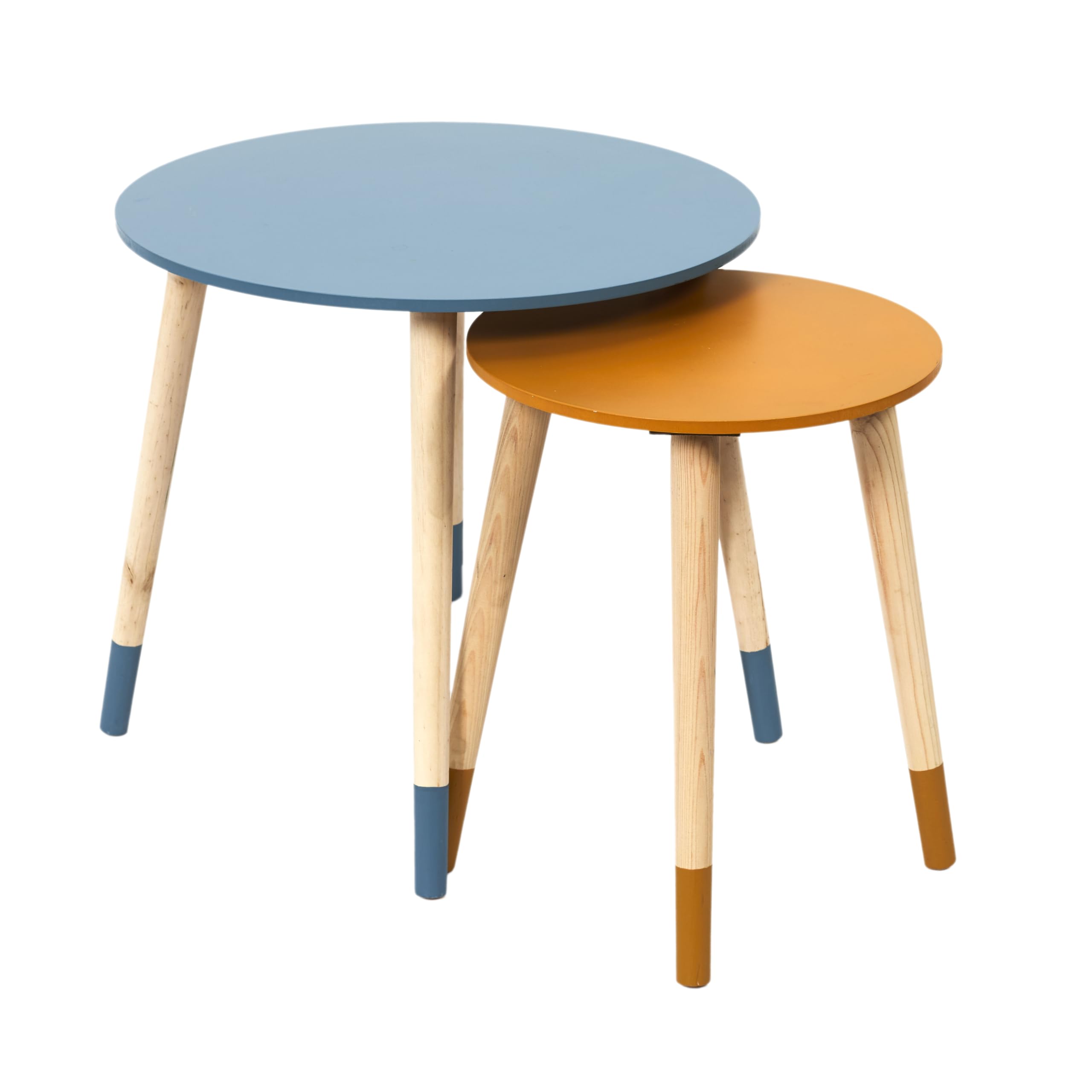 HOME DECO FACTORY Lot de 2 Tables Gigognes Bicolores Salon Bleu et Jaune | Bois d'ingénierie, lot de 2 tables gigognes, design bicolore, salon chambre ou salle d'attente, gain de place, bleu et jaune