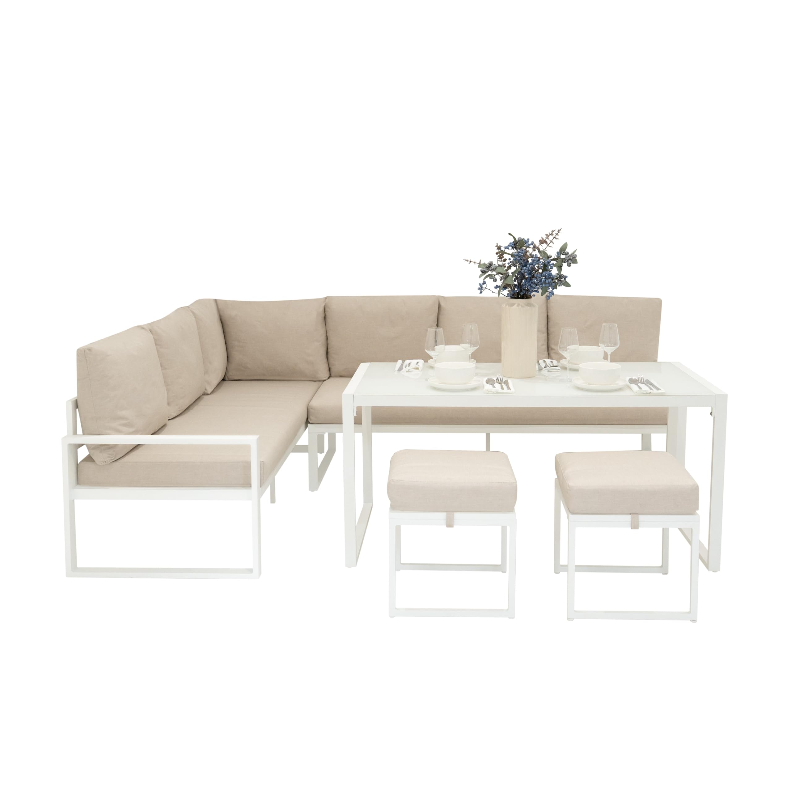 Set Mobili da Giardino in Alluminio 7 Posti Divano Angolare da Esterno con Tavolo da Pranzo in Vetro Temperato e 2 Sgabelli, Cuscini Lavabili, Copertura Impermeabile Inclusa - Bianco
