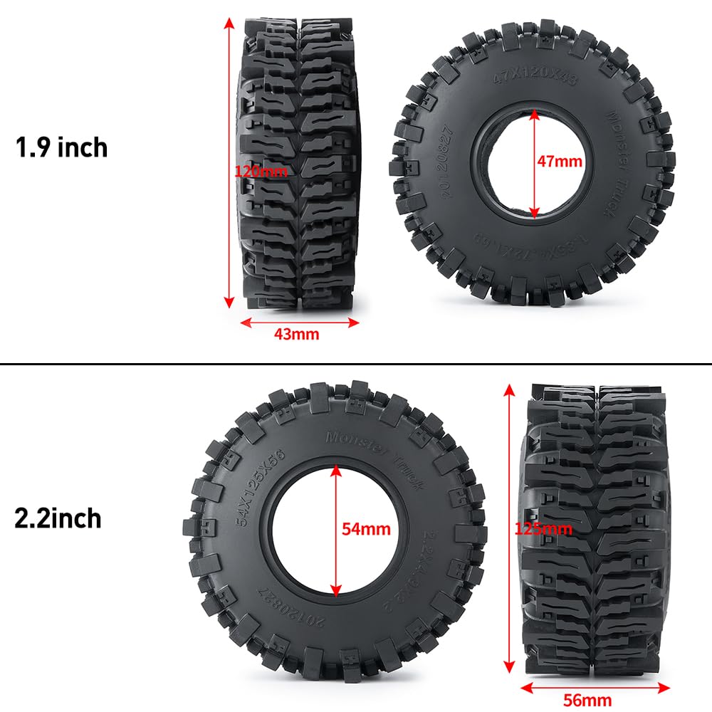 1/10 RC Wheel Tires Car Rubber Tyres,4PCS1.9inch/2.2inch Tires for SCX10 D90 TRX4 SCX10 III Capra Ghost Monster Truck (2.2inch)