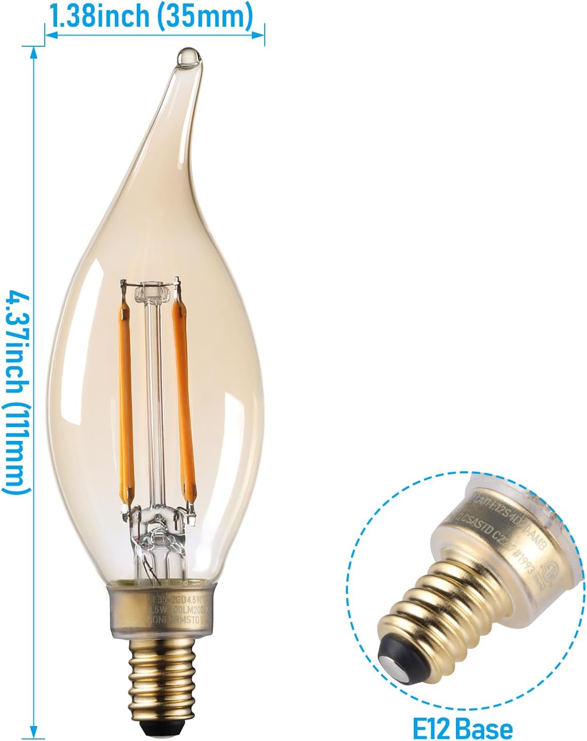 TORCHSTAR 12-Pack Dimmable E12 LED Candelabra Bulb, FCC&ETL Listed, 40W Equivalent Chandelier Light Bulbs, 300LM, LED Filament Flame Tip Bulb CA11, Amber Glass Ceiling Fan Light Bulbs, 2000K Soft Warm