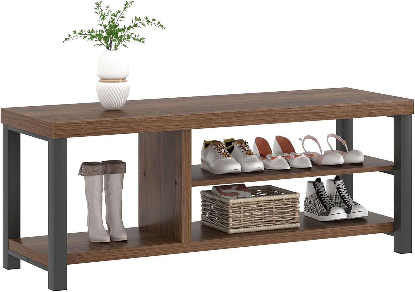 FOLUBAN Shoe Bench, Modern Wood and Metal Storage Bench for Entryway Hallway, Industrial Indoor Shoe Rack Bench Seat for Bedroom, Living Room, Rustic Walnut, 43.3 Inch