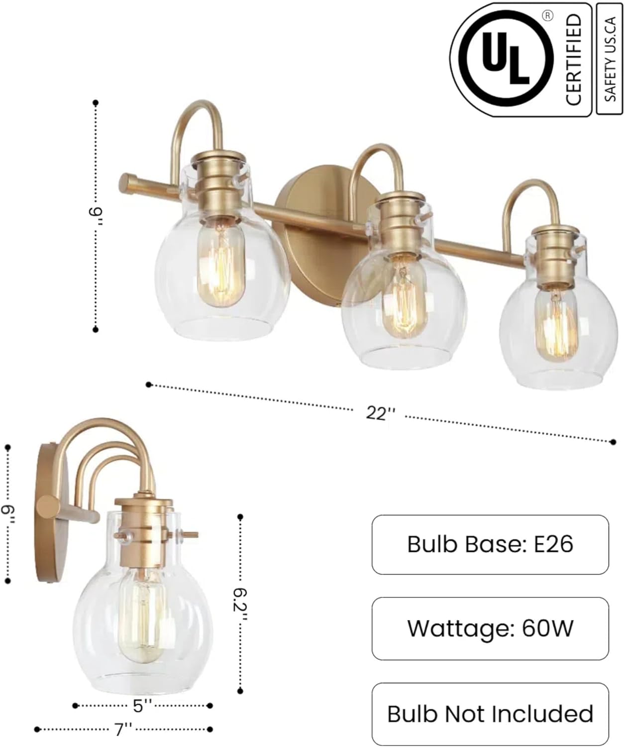 KSANA 3-Light Gold Bathroom Light Fixtures Over Mirror, 22'' Modern Vanity Lights Lighting with Clear Glass Globe