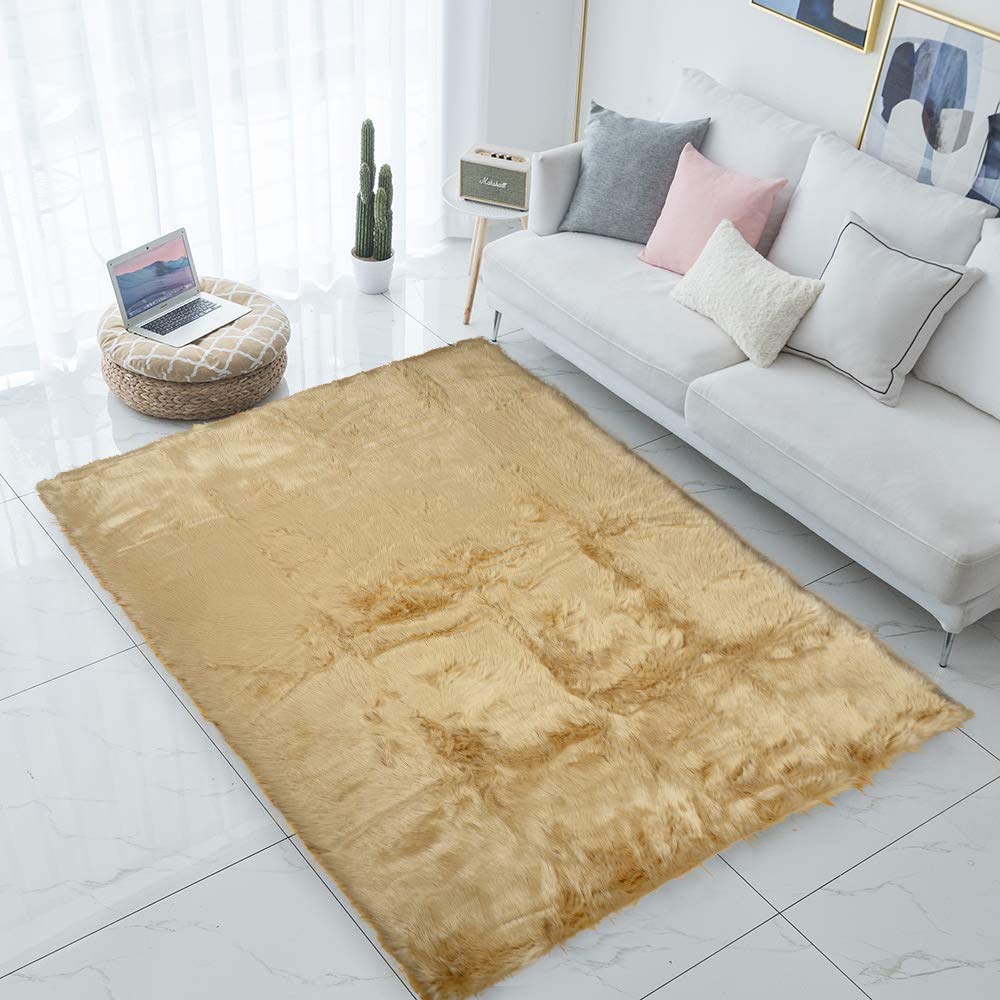 Carvapet Shaggy Soft Faux Sheepskin Fur Area Rugs Floor Mat Luxury Beside Carpet for Bedroom Living Room 5ft x 7ft, Khaki
