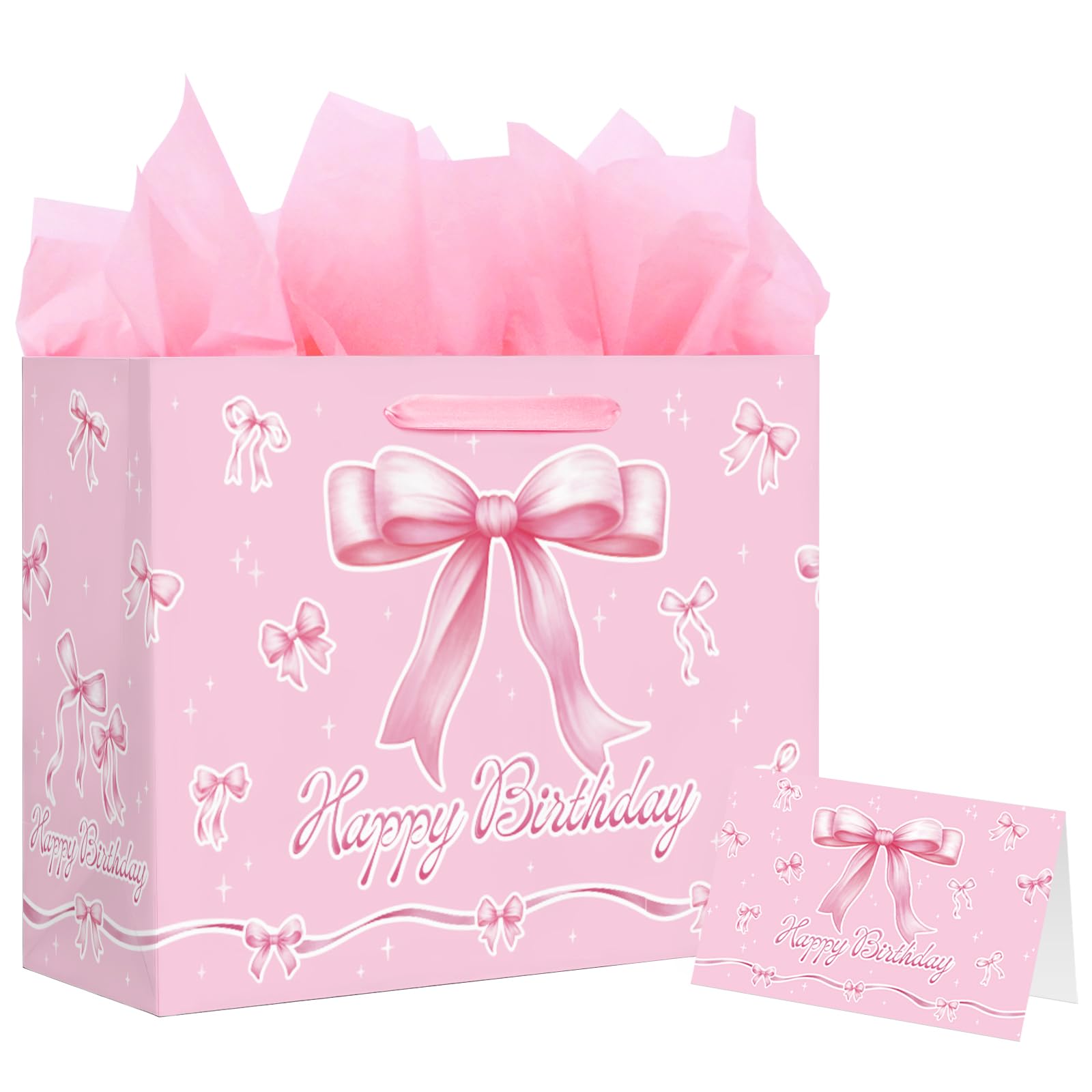 Happy Birthday Gift Bag with Card & Tissue Paper - Pink Bow Party Favor Birthday Bag for Kids, Medium Size 13x10.2x4.9 Inches, Ideal for Birthday Decorations