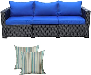 3-Seat Patio PE Wicker Sofa - Outdoor Rattan Couch Furniture w/Steel Frame and Blue Cushion - coolthings.us