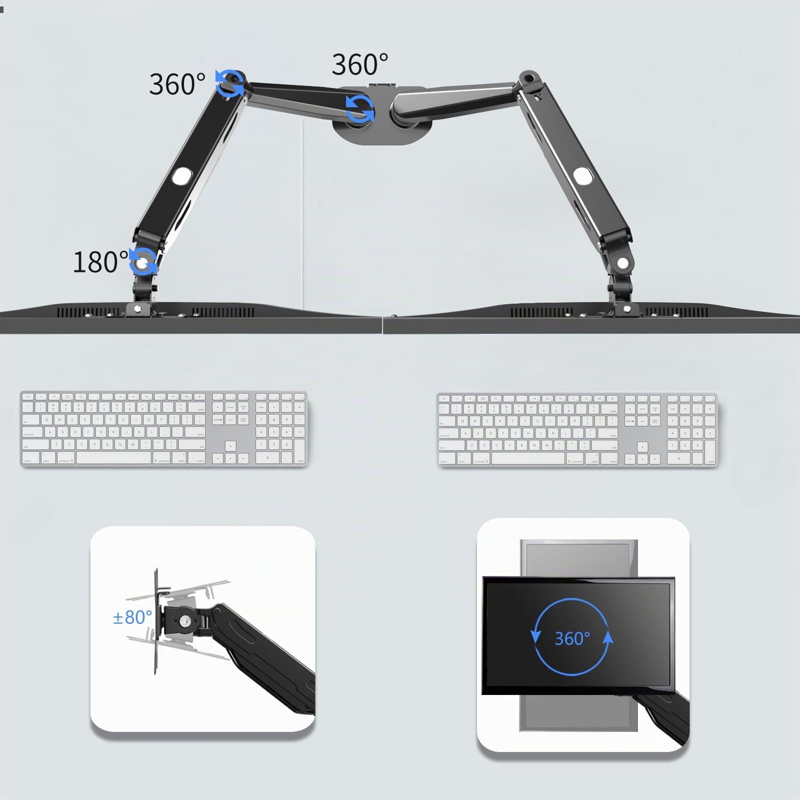 Pholiten Support de Moniteur pour 2 écrans de 17 à 32" - Support de Bureau - VESA 75/100 mm - Hauteur réglable - Inclinable et Rotatif