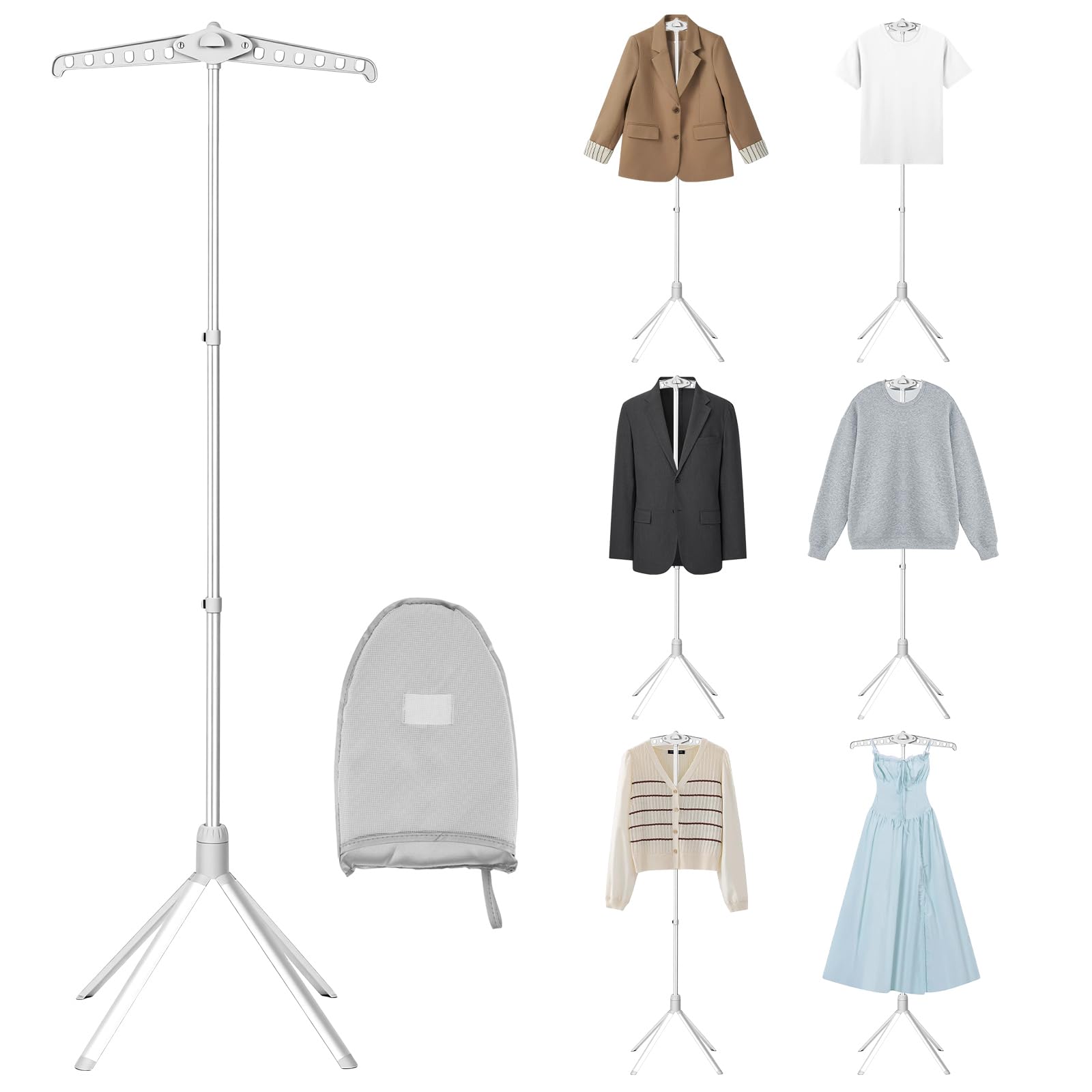 Height Adjustable Clothes Steamer Stand, 360° Rotating Ironing Rack with Telescopic Pole & Non-Slip Base, Folding Aluminum Alloy Garment Hanger for Shirts, Suits & Coats, Home & Travel Use(Grey)