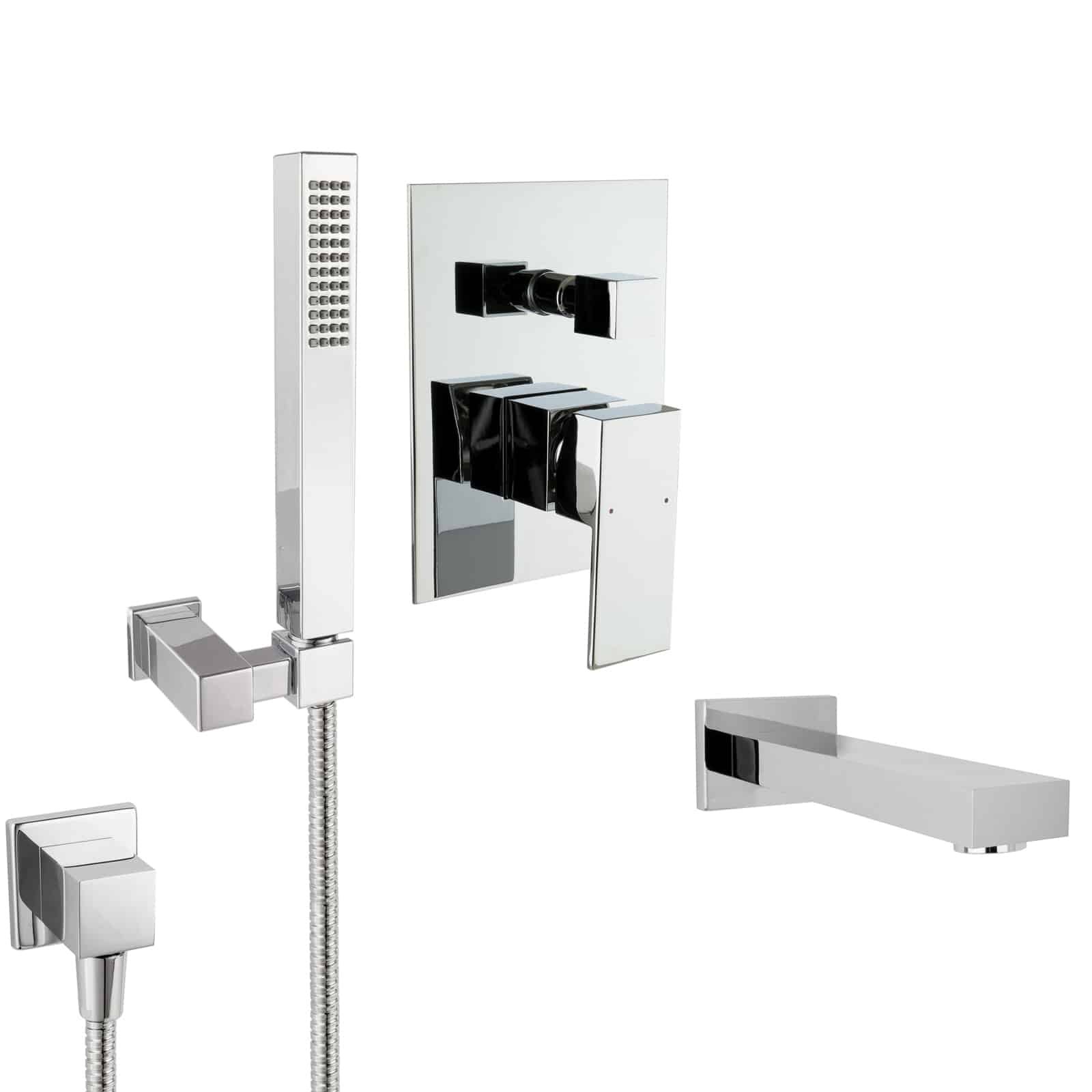 Unterputz Badewannen-Armatur Set – Mit Umsteller, Handbrause & Wanneneinlauf, Eckiges Design, Verchromt