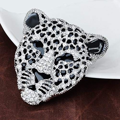 Image of Vintage Black Enamel Spotted Leopard Head Rhinestone CZ Animal Brooch Pin Lapel Pin Badge