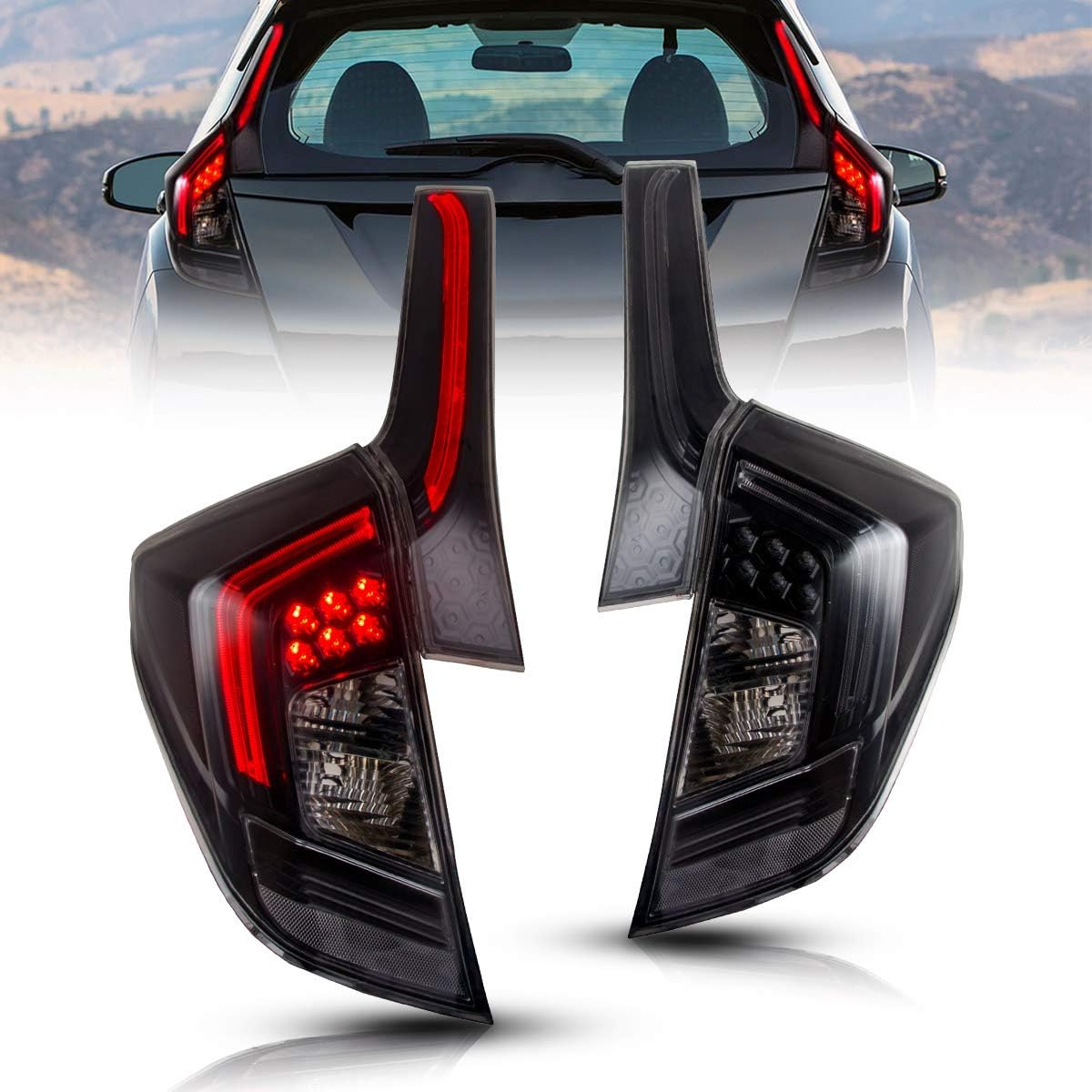 LED Rear Lights for Fit Jazz GK5 2014-2018, Rear Tail Lamp Assembly with Full LED DRL Bars,Black