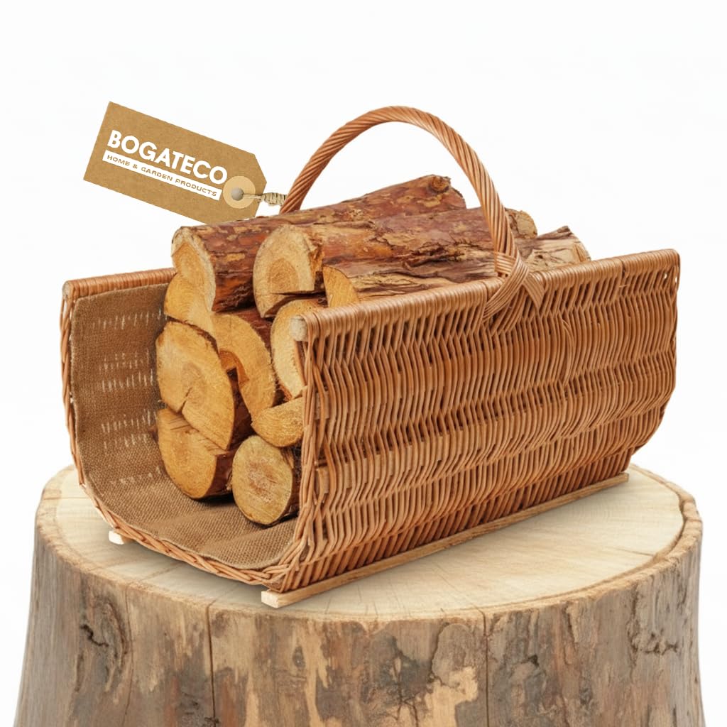 BOGATECO Cesta de mimbre con asa, cesta grande para chimenea, 60 x 45 x 30 cm, tejida a mano, cesta de madera con refuerzo