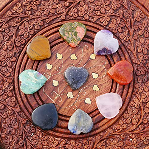 9 Pcs Puffed Heart Shaped Crystals and Healing Stones Kit Feng Shui Rose Quartz Black Tourmaline Lapis Lazuli Tiger Eye Amethyst Reiki Gift Crystal Decor Good Luck Prosperity Worry Stones Set