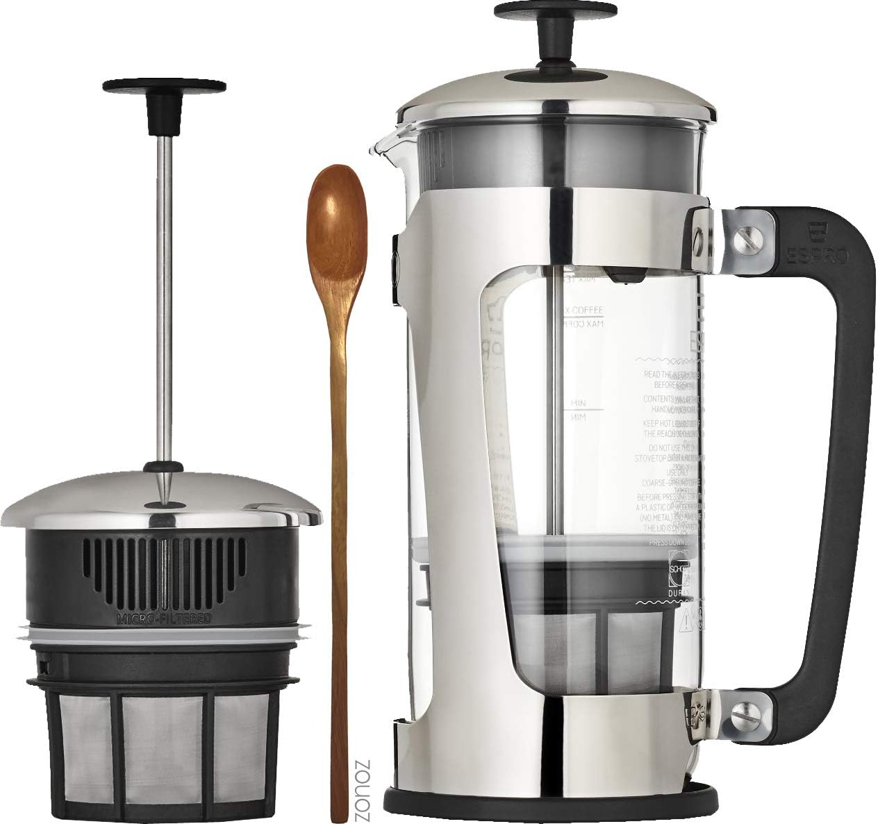 Espro Press P5 with Coffee Filter (3-4 cups, 18 oz) Bundle with Spoon, French Press Style Coffee Maker, Stainless Steel Cage, Carafe with Safety Lock™ (With Coffee Filter, 32 oz)