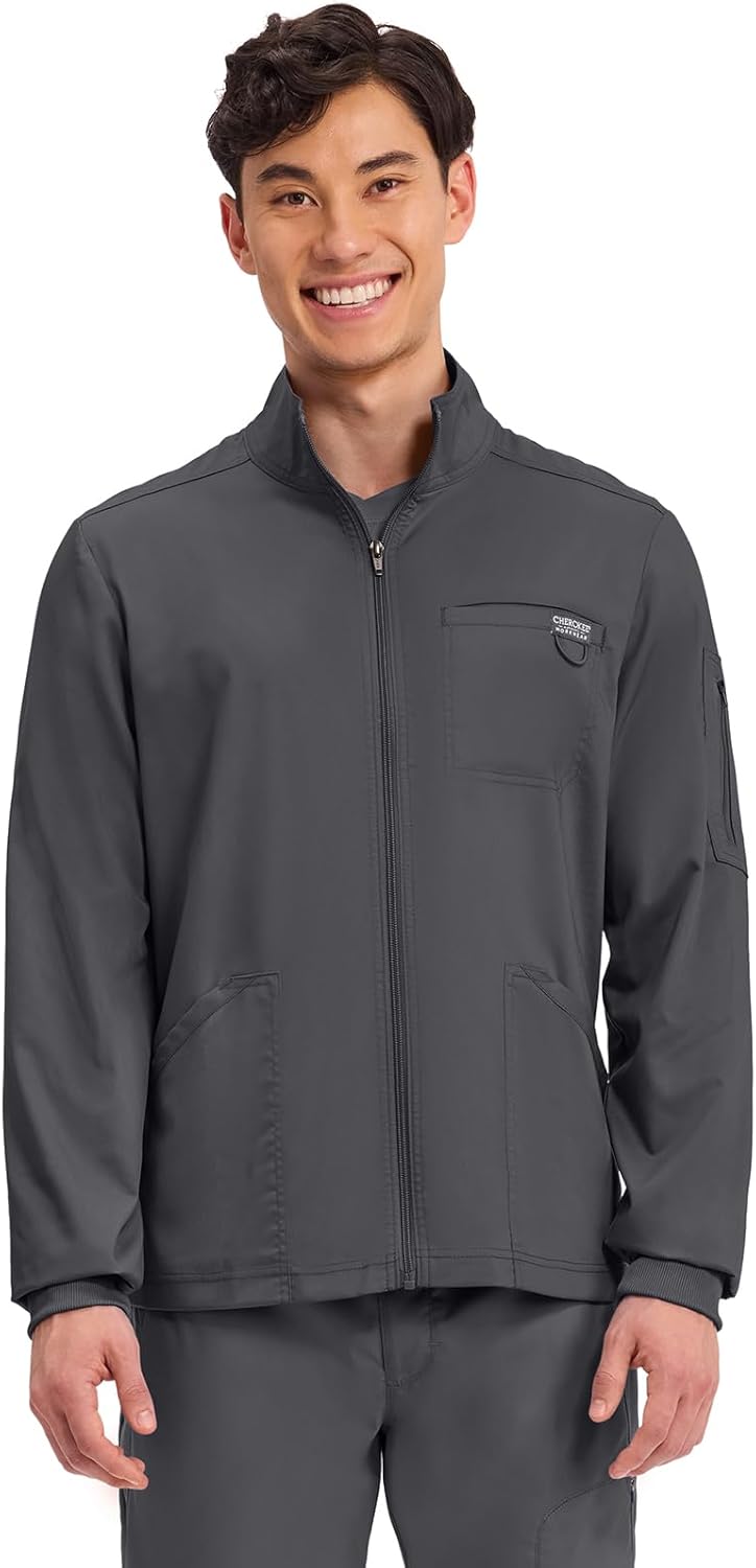 Cherokee Scrub Jacket Men's Zip Front Jacket with 5 Pockets, Bungee Loop, Rib-Knit Cuffs, Soft 2-Way Stretch Fabric - WW320