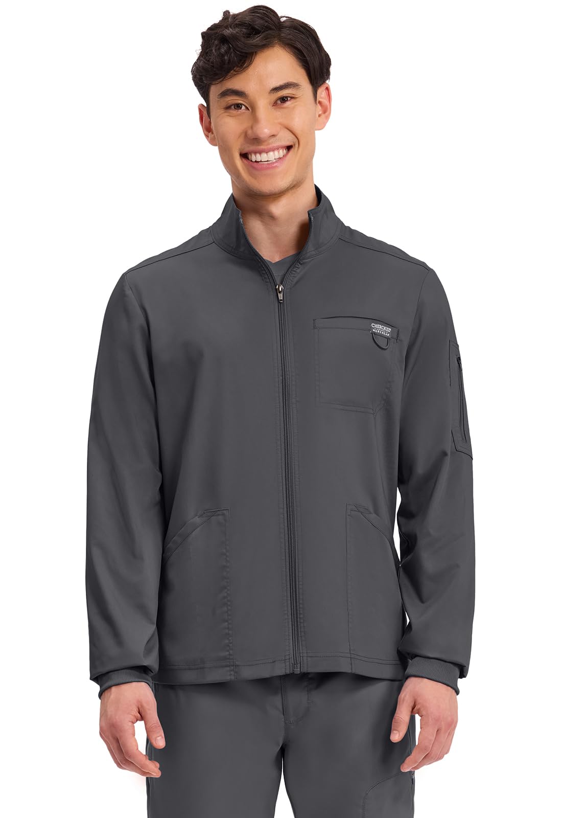 Cherokee Scrub Jacket Men's Zip Front Jacket with 5 Pockets, Bungee Loop, Rib-Knit Cuffs, Soft 2-Way Stretch Fabric - WW320