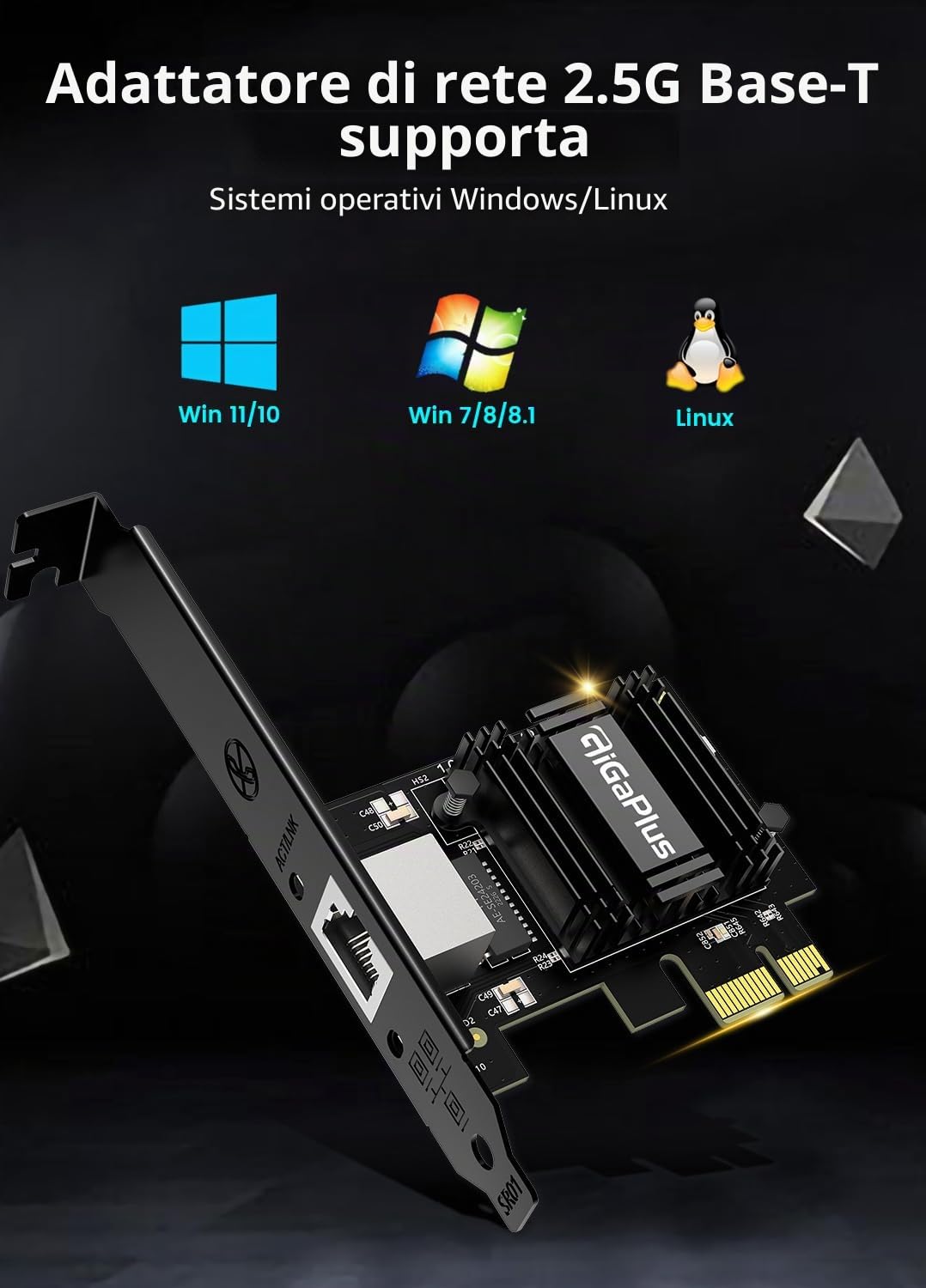 Scheda di rete PCIe da 2,5 Gb, scheda di interfaccia Ethernet GiGaPlus da 2500 Mbps, con Realtek RTL8125B, Wake on LAN, NIC da 2,5 G compatibile con Windows/Linux/MAC OS