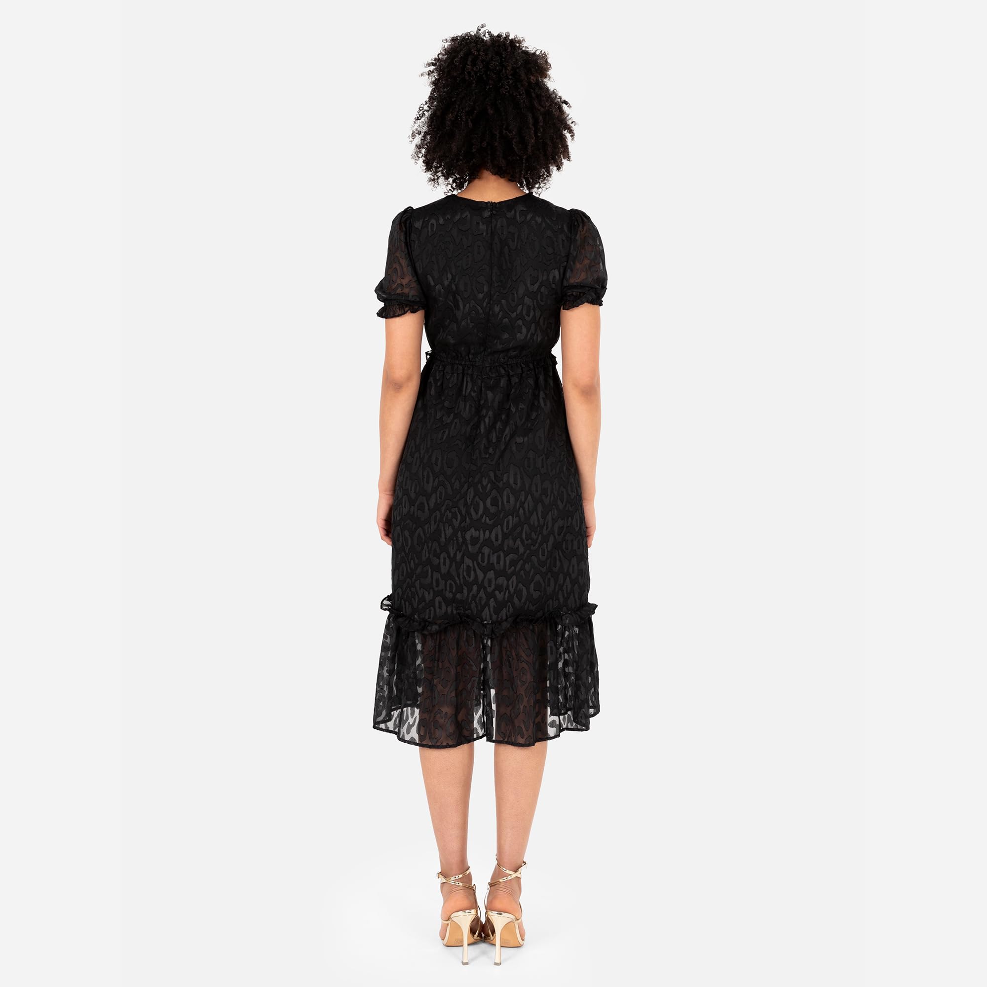 Lovedrobe Damen Women's Ladies Midi Dress Round Neckline Short Puff Sleeve Tiered Hem Ruffle Animal Print A-line Casual Occasion Dress (1er Pack)